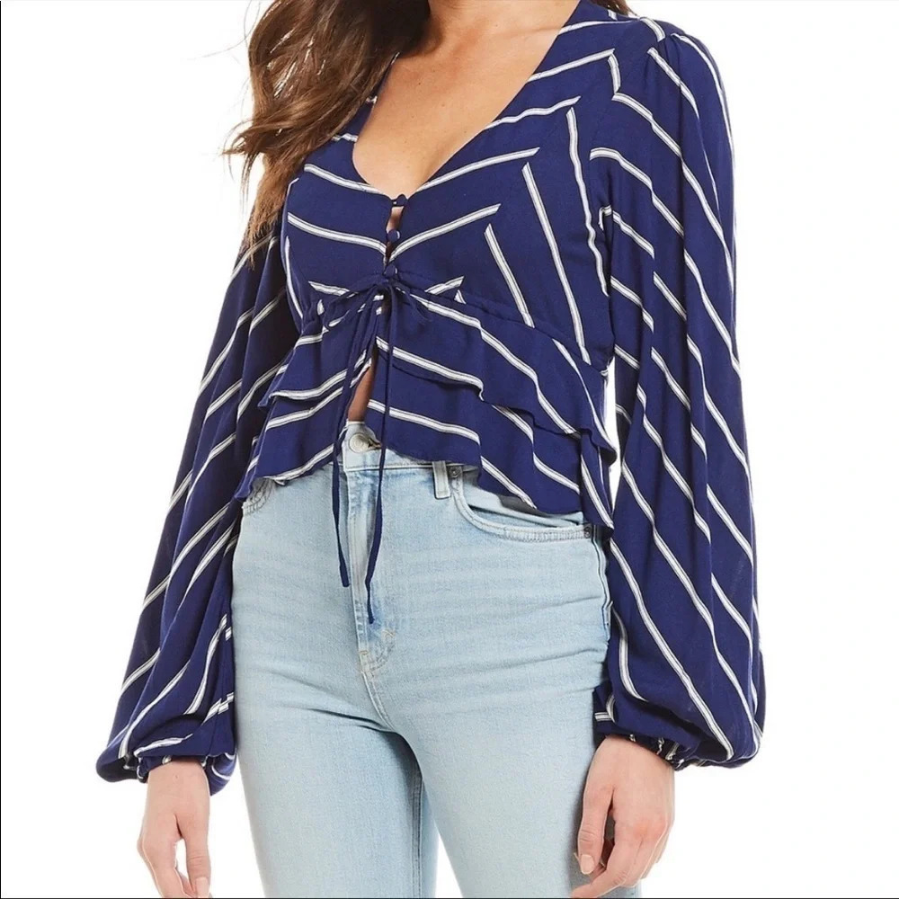 Free People Samifran Ruffle Crop top Navy Blue White Small striped